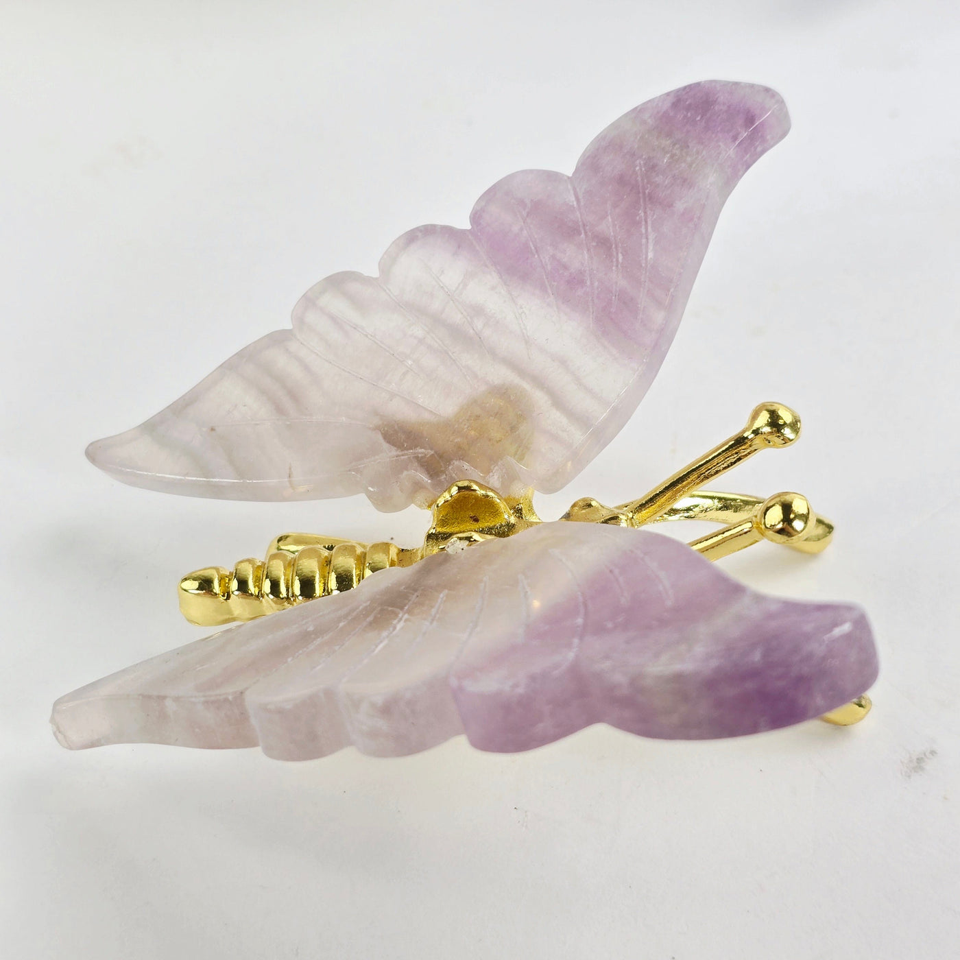 Fluorite Crystal Butterfly - Gold Toned Metal Butterfly with Fluorite Wings - One-of-a-Kind side view
