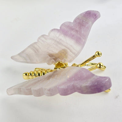 Fluorite Crystal Butterfly - Gold Toned Metal Butterfly with Fluorite Wings - One-of-a-Kind side view