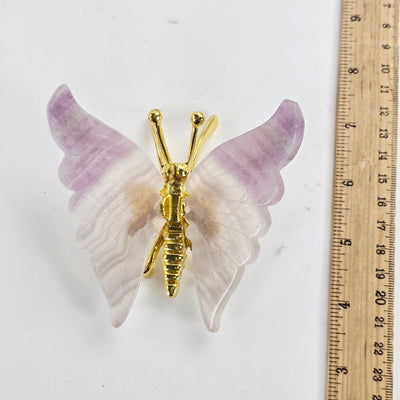 Fluorite Crystal Butterfly - Gold Toned Metal Butterfly with Fluorite Wings - One-of-a-Kind with ruler for size reference