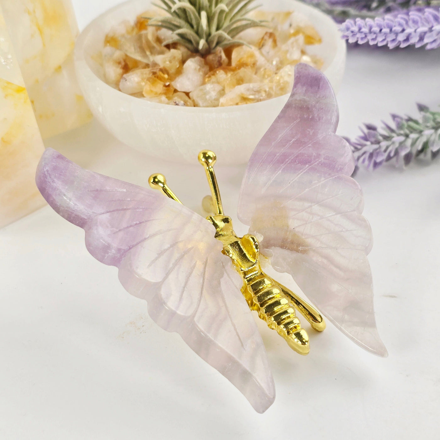 Fluorite Crystal Butterfly - Gold Toned Metal Butterfly with Fluorite Wings - One-of-a-Kind front view