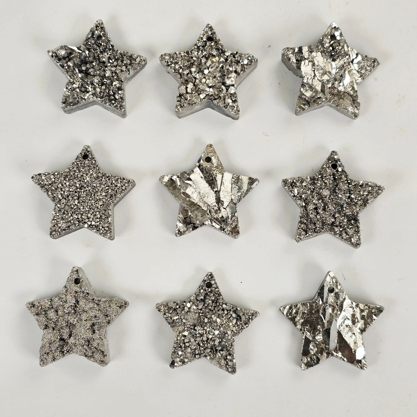 Mystic Silver Titanium Coated Druzy Crystal Star Pendants - Top Front Drilled nine shown on white background top view