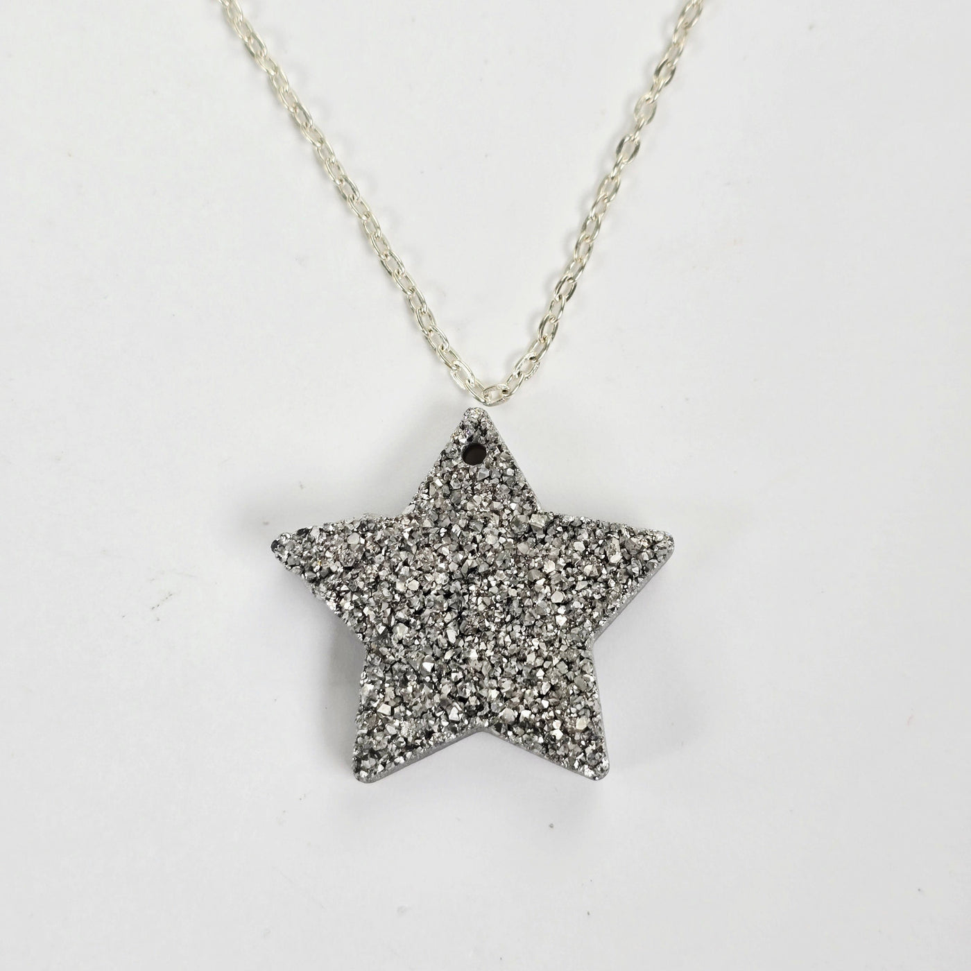 Mystic Silver Titanium Coated Druzy Crystal Star Pendants - Top Front Drilled one with chain for suggested use