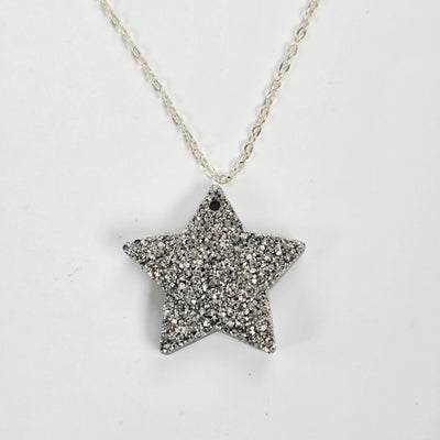 Mystic Silver Titanium Coated Druzy Crystal Star Pendants - Top Front Drilled one with chain for suggested use
