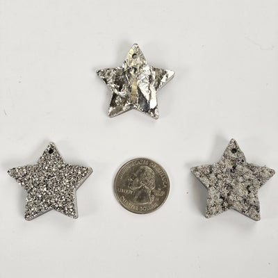 Mystic Silver Titanium Coated Druzy Crystal Star Pendants - Top Front Drilled three with quarter for size reference
