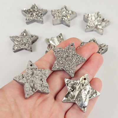 Mystic Silver Titanium Coated Druzy Crystal Star Pendants - Top Front Drilled three in hand for size reference with others in background