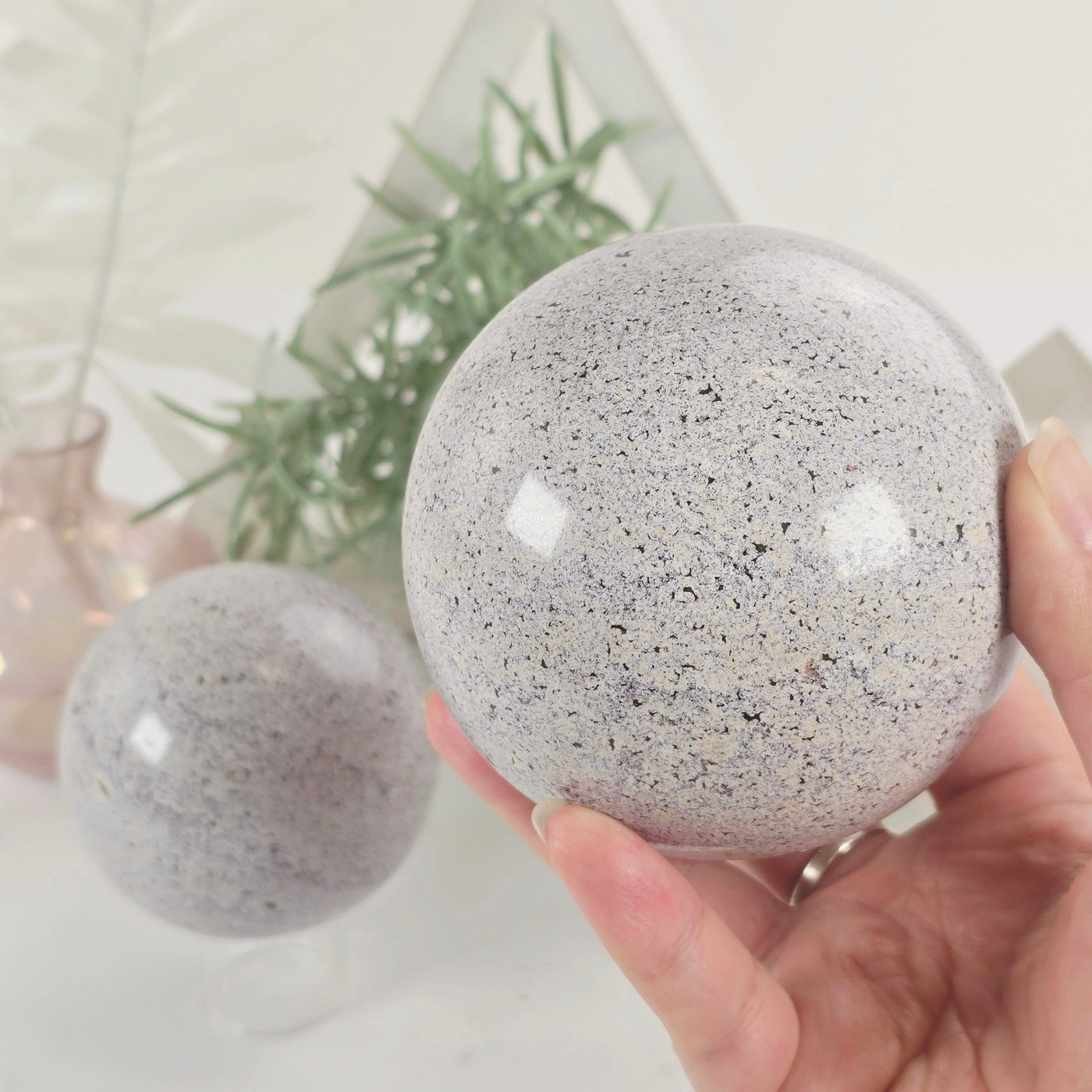 Ocean Jasper Polished Crystal Sphere YOU CHOOSE #3 variant 2 in hand for size reference with other variant in background