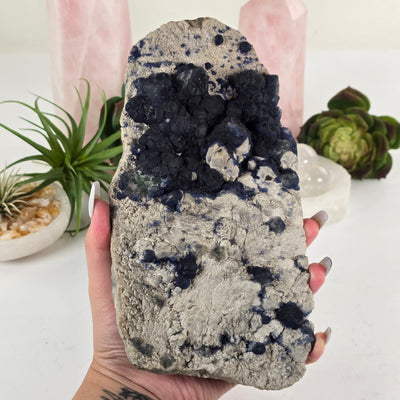 Blueberry Fluorite Crystal Cluster on Matrix - Rare Find in hand for size reference