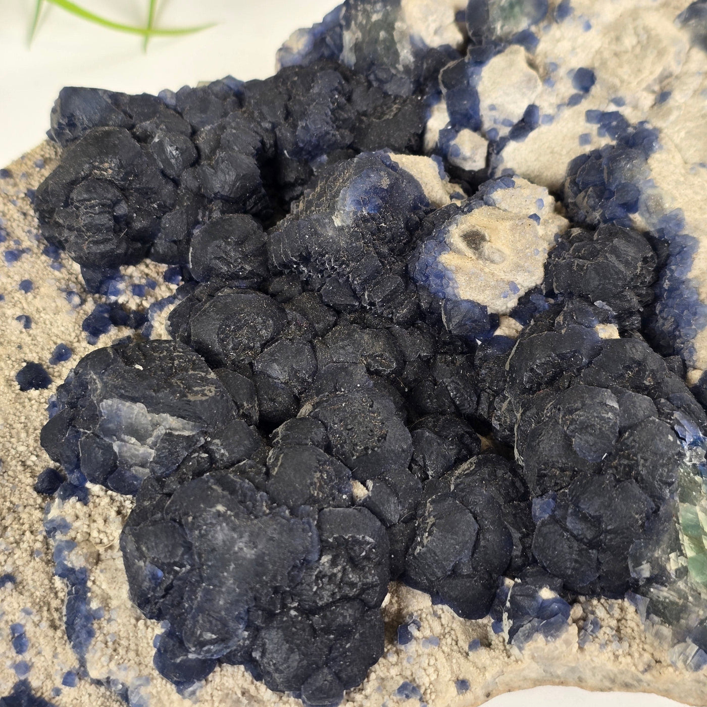 Blueberry Fluorite Crystal Cluster on Matrix - Rare Find closeup for detail