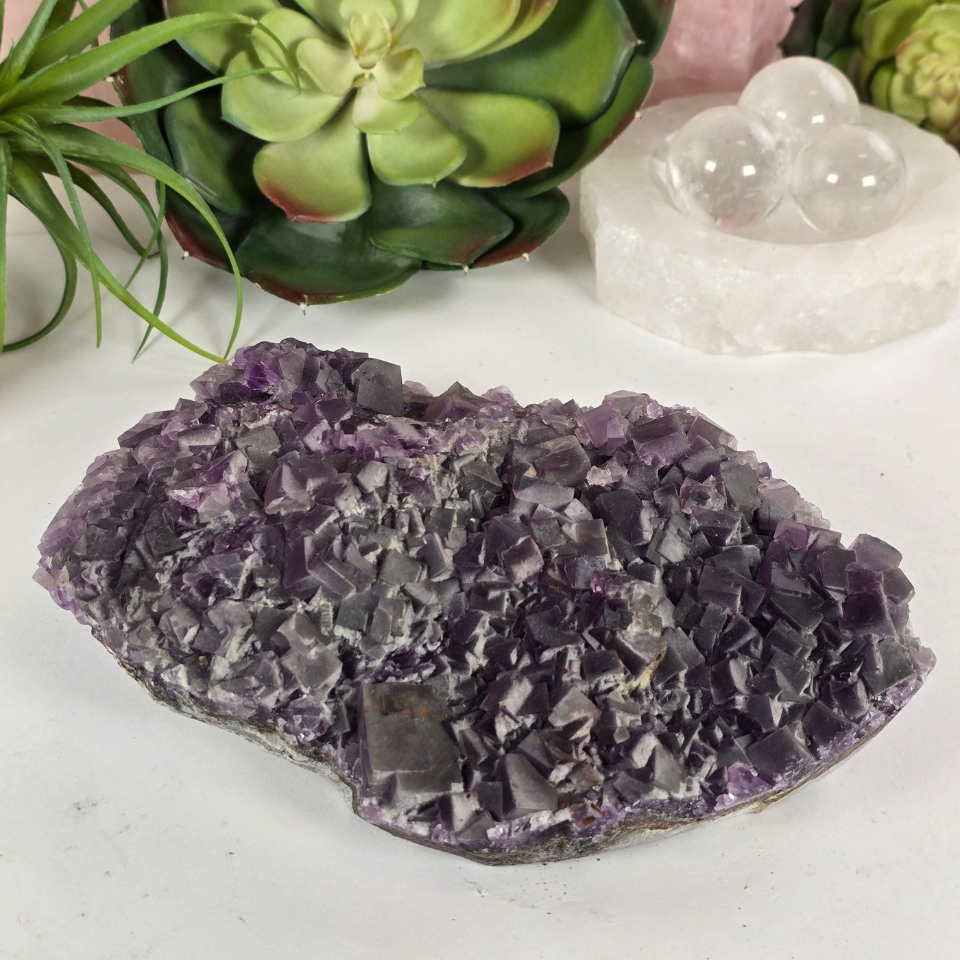 Purple Cubic Fluorite Crystal Cluster on Matrix #1 front view