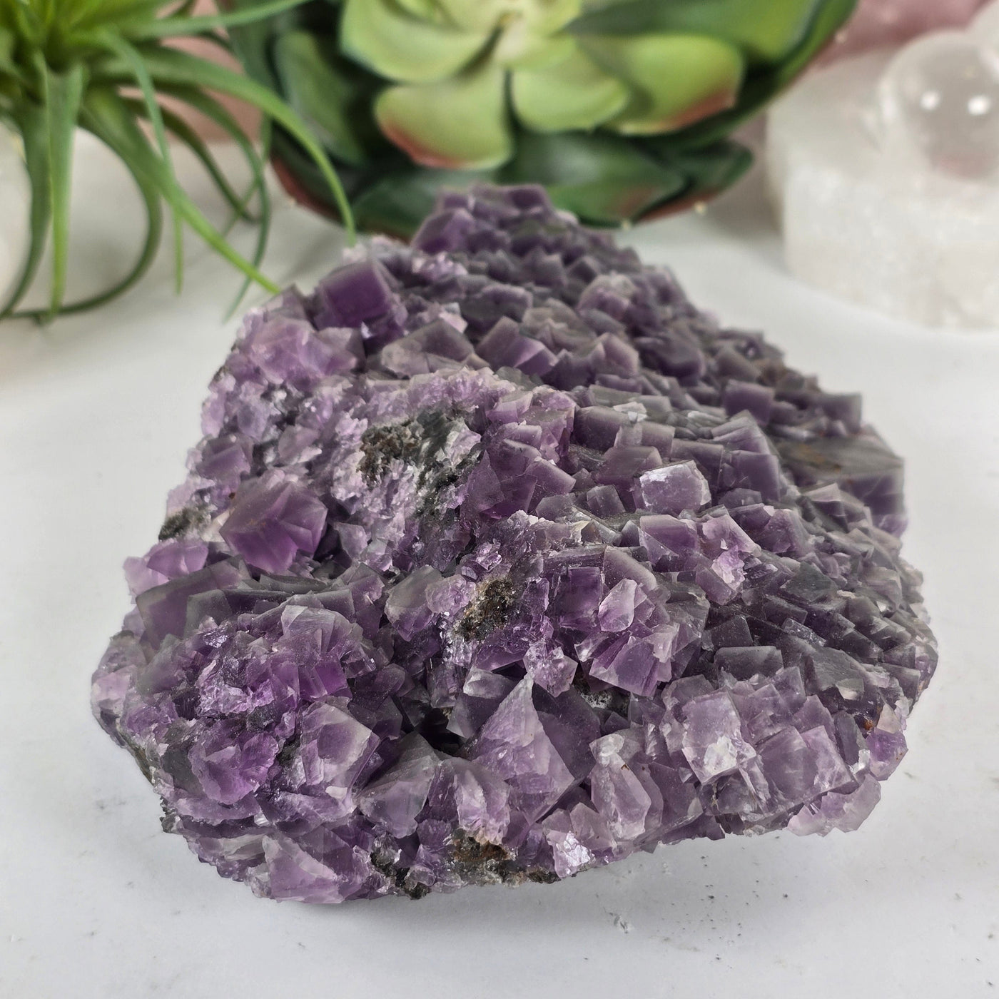 Purple Cubic Fluorite Crystal Cluster on Matrix #1 side view