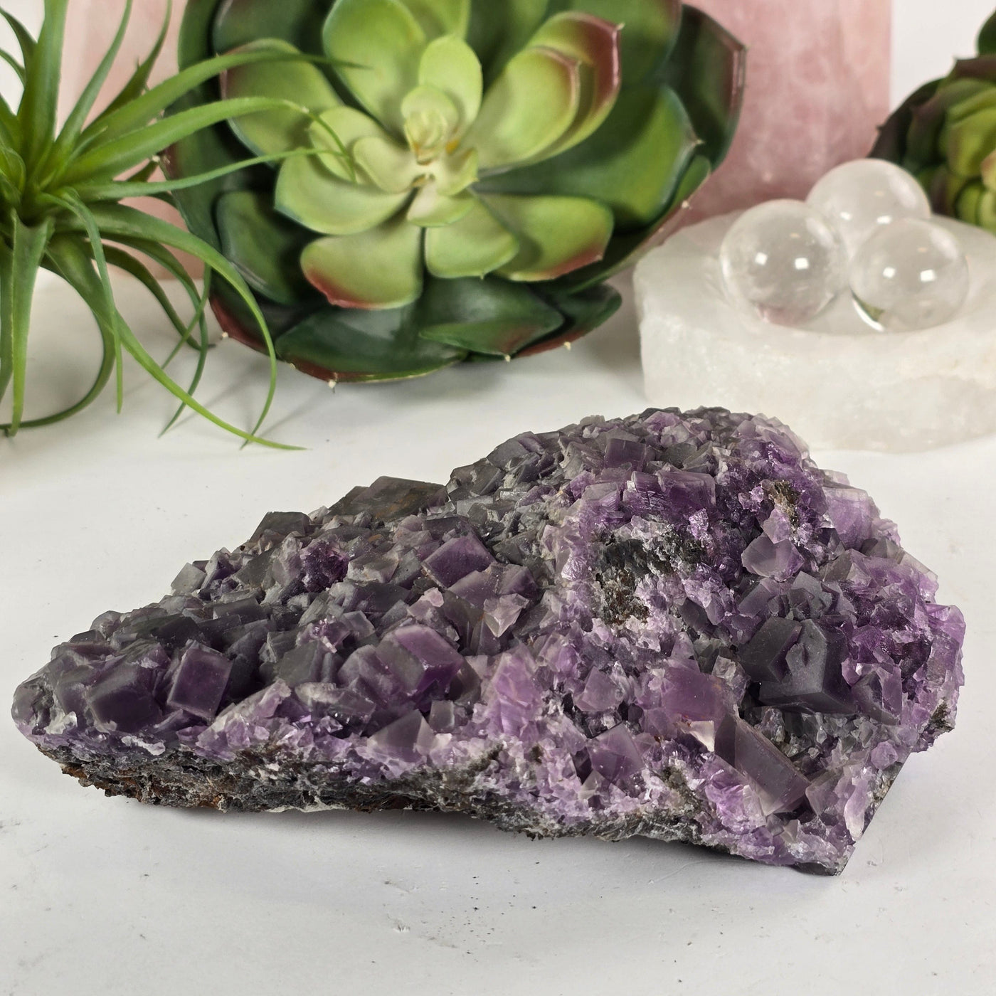 Purple Cubic Fluorite Crystal Cluster on Matrix #1 back view