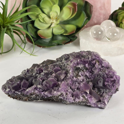 Purple Cubic Fluorite Crystal Cluster on Matrix #1 back view