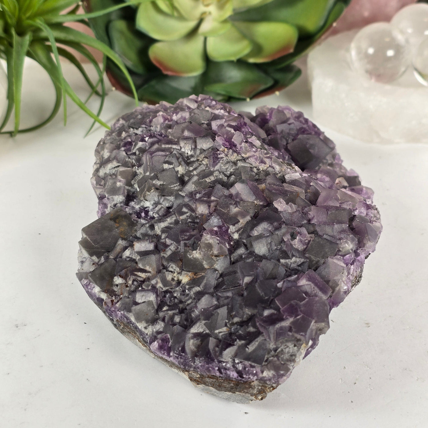 Purple Cubic Fluorite Crystal Cluster on Matrix #1 side view