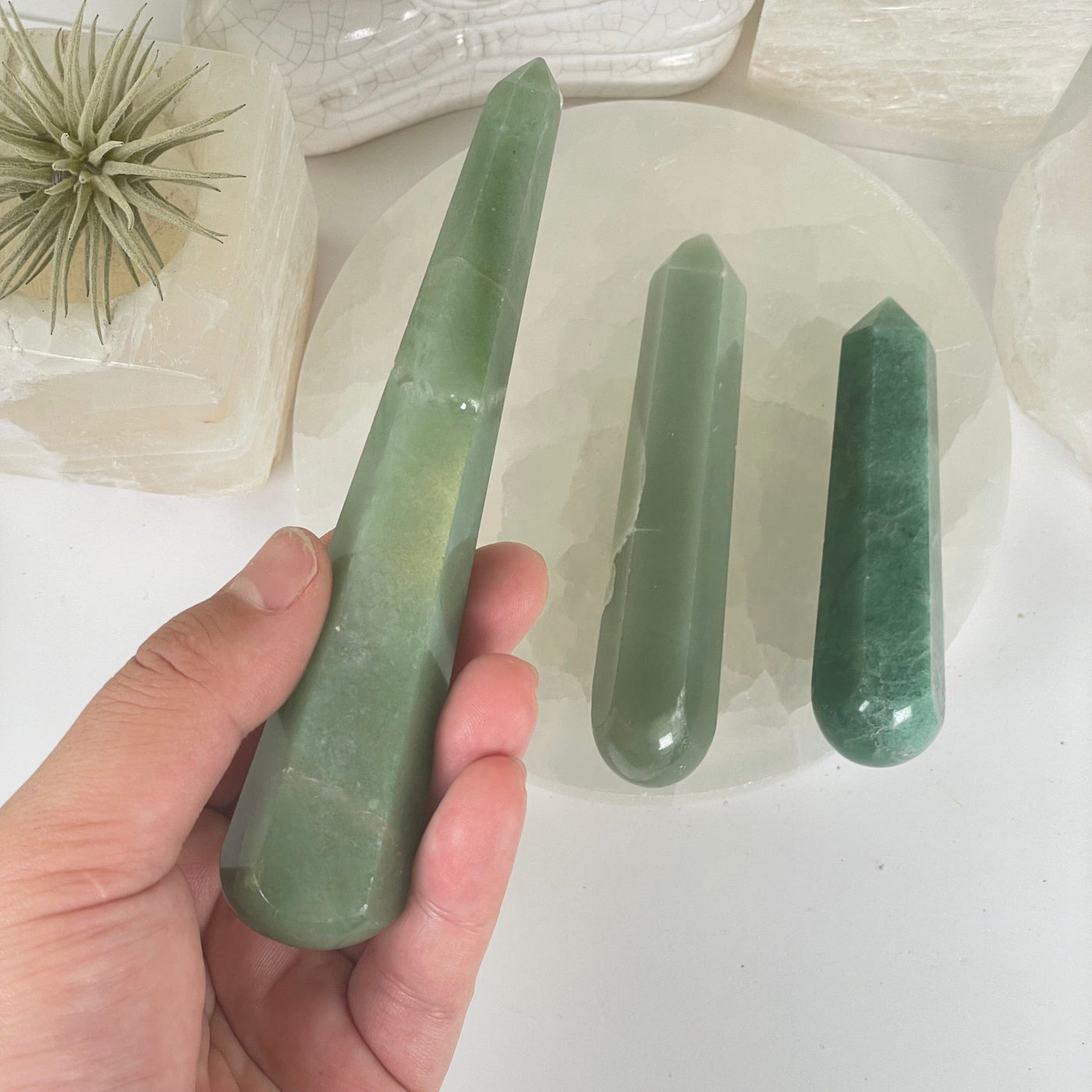 Green Aventurine Crystal Massage Wand - You Choose one in hand for size reference with other variants in the background