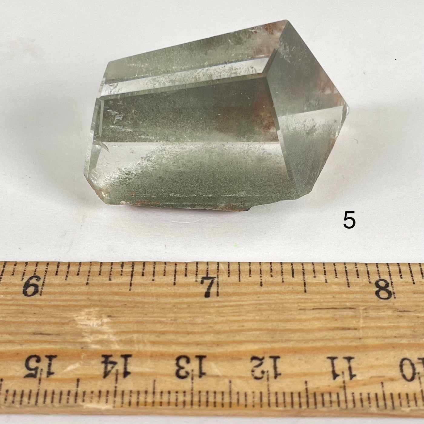 Garden Quartz Lodalite Polished Crystal Prism next to a ruler for size reference Choice #5