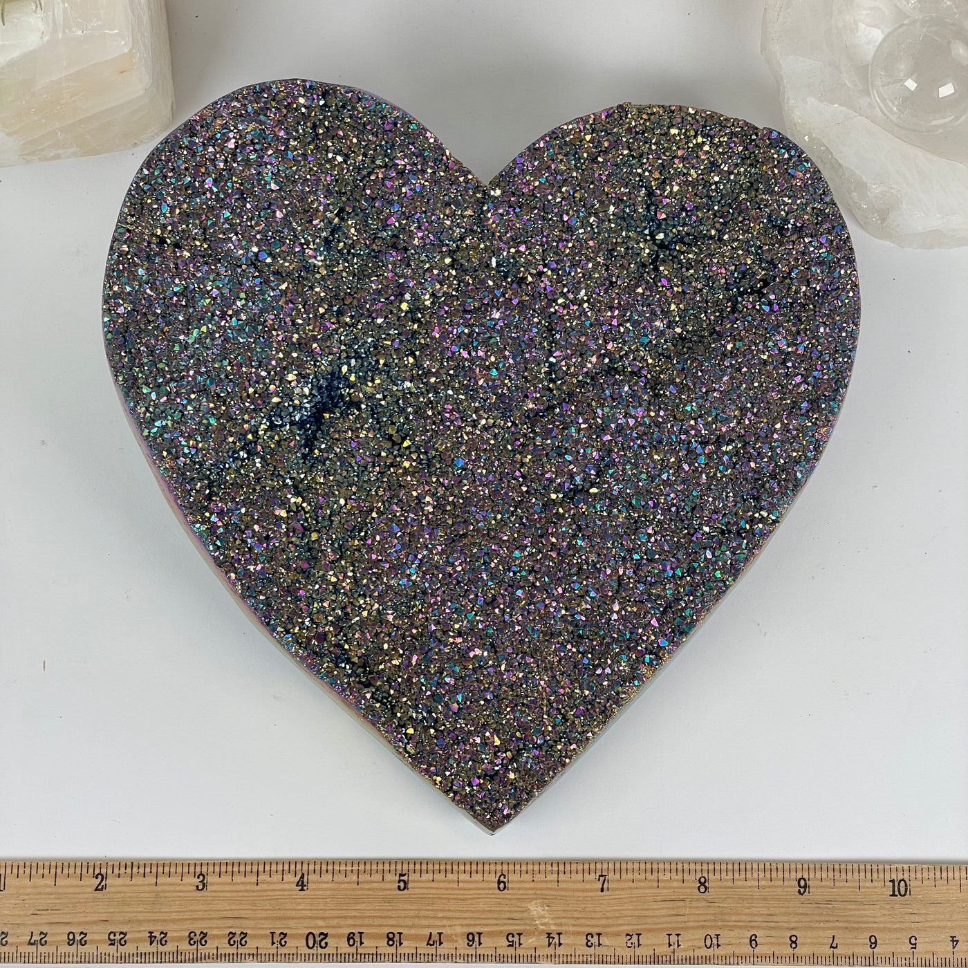 Titanium Coated Large Crystal Cluster Heart - One-of-a-Kind with ruler for size reference