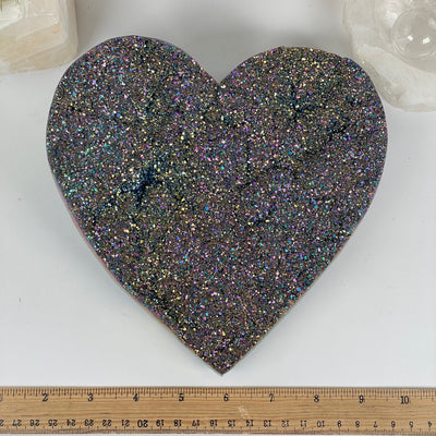 Titanium Coated Large Crystal Cluster Heart - One-of-a-Kind with ruler for size reference
