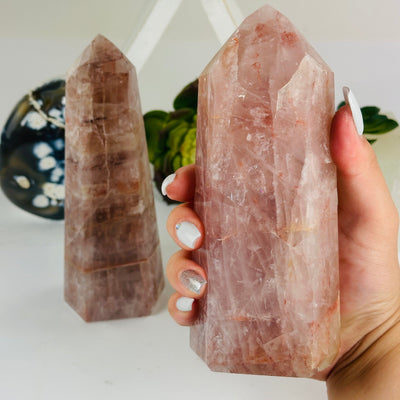 Hematoid Fire Quartz Polished Crystal Tower - You Choose variant 2 in hand for size reference with other variant in the background with props and plants