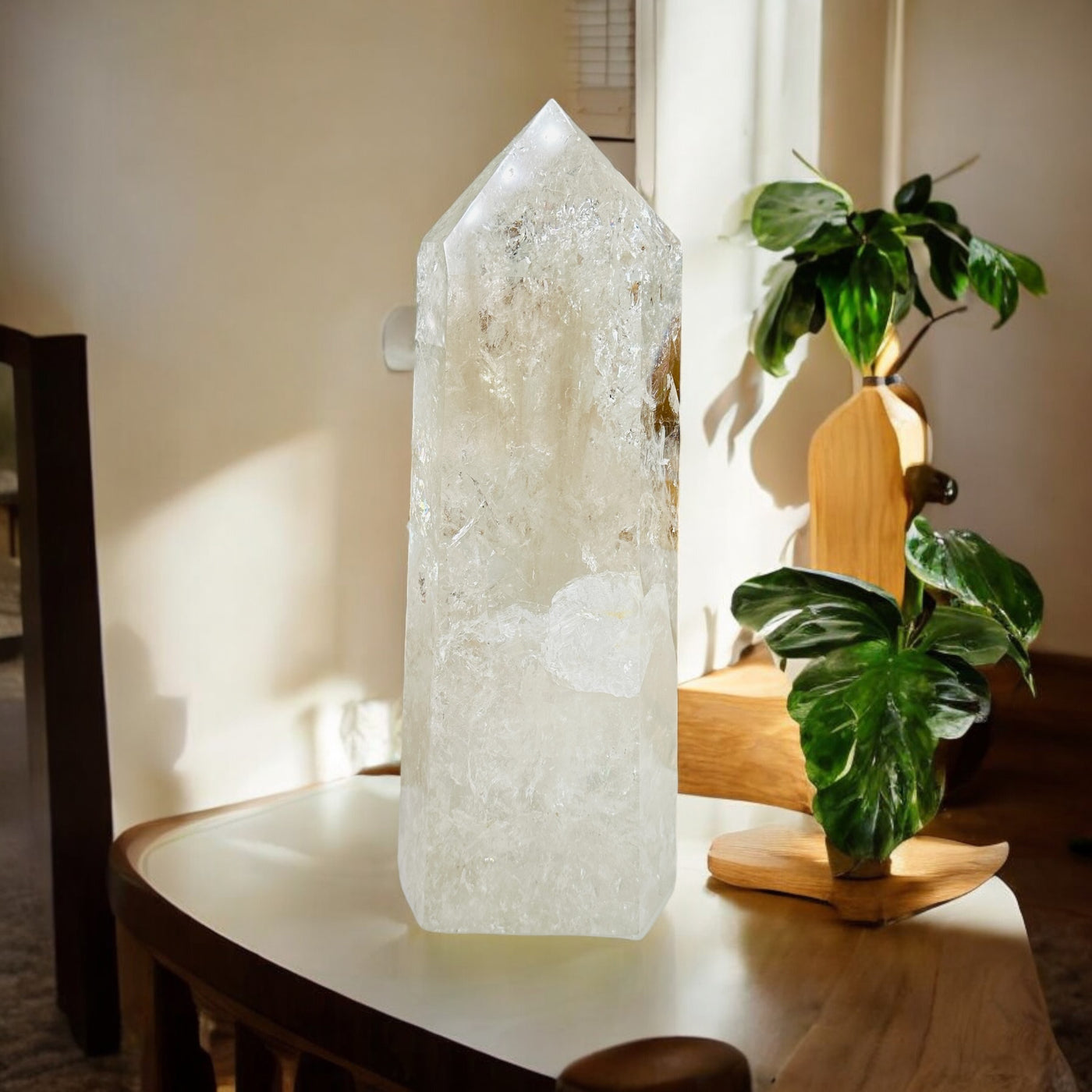 crystal quartz point with decorations in the background