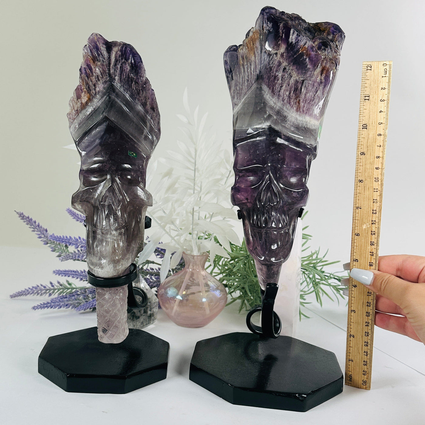 Elestial Amethyst Crystal Skull Sculpture on Stand - You Choose both variants with ruler for size reference