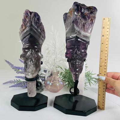 Elestial Amethyst Crystal Skull Sculpture on Stand - You Choose both variants with ruler for size reference