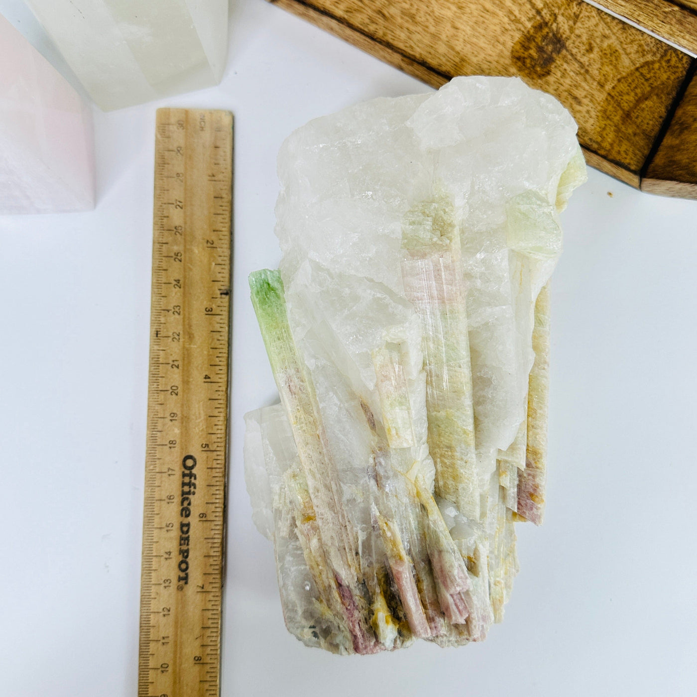 watermelon tourmaline next to a ruler for size reference