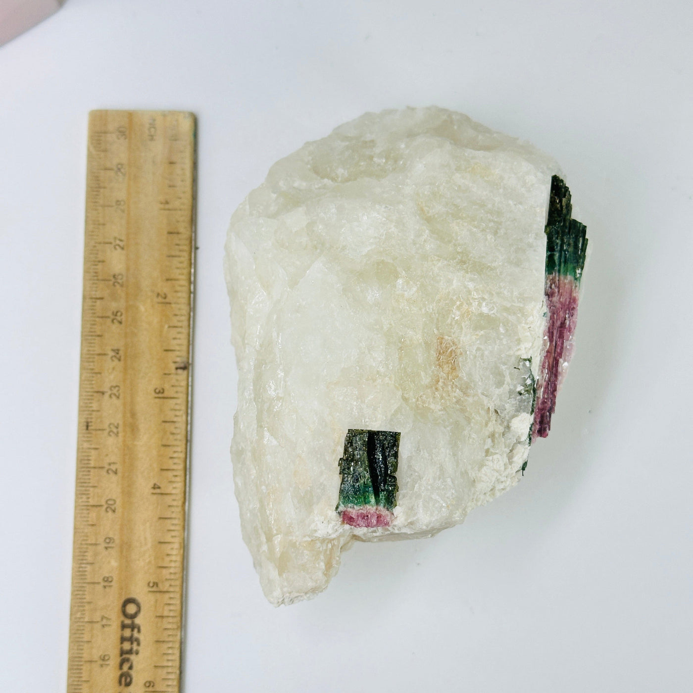 watermelon tourmaline on matrix next to a ruler for size reference