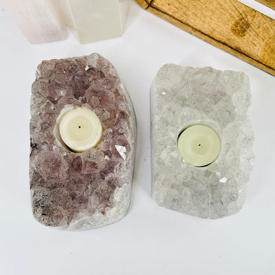 amethyst candle holder with decorations in the background