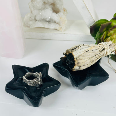 Black Obsidian Crystal Star Dish - You Choose holding ring and sage incense to show examples of use