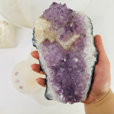 Raw Amethyst Cluster with Calcite - natural amethyst in hand for size reference