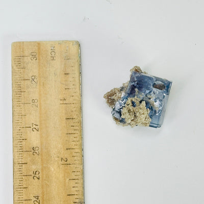 blue fluorite next to a ruler for size reference