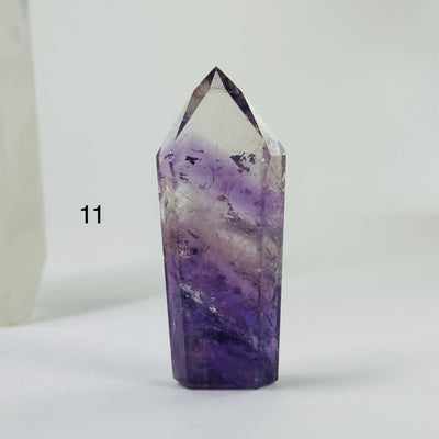 amethyst points with decorations in the background