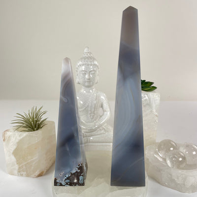 Agate Polished Crystal Obelisk - You Choose both variants with props and plants in the background