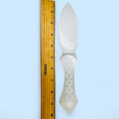  Etched Selenite Crystal Knife with a ruler for size reference.