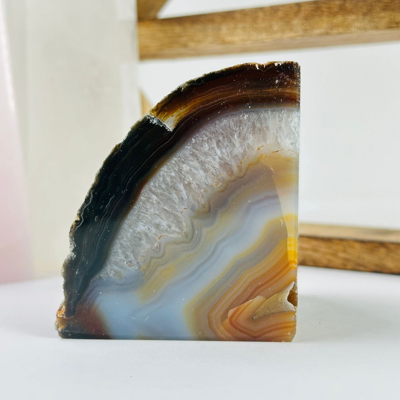 agate bookend with decorations in the background