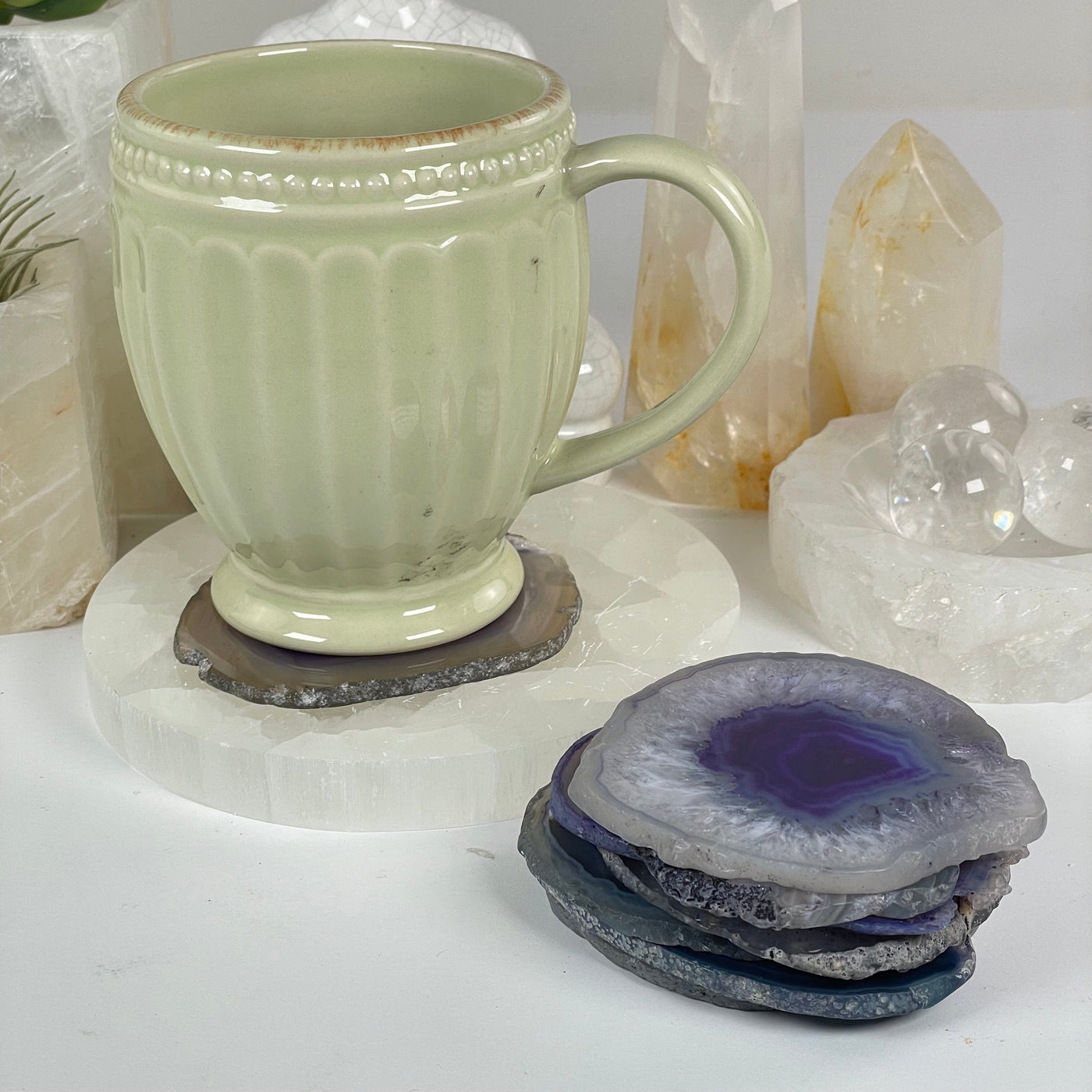 Purple Agate Slice Coasters Set - Set of 8 Small Coasters seven in stack one used as coaster for cup