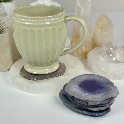 Purple Agate Slice Coasters Set - Set of 8 Small Coasters seven in stack one used as coaster for cup
