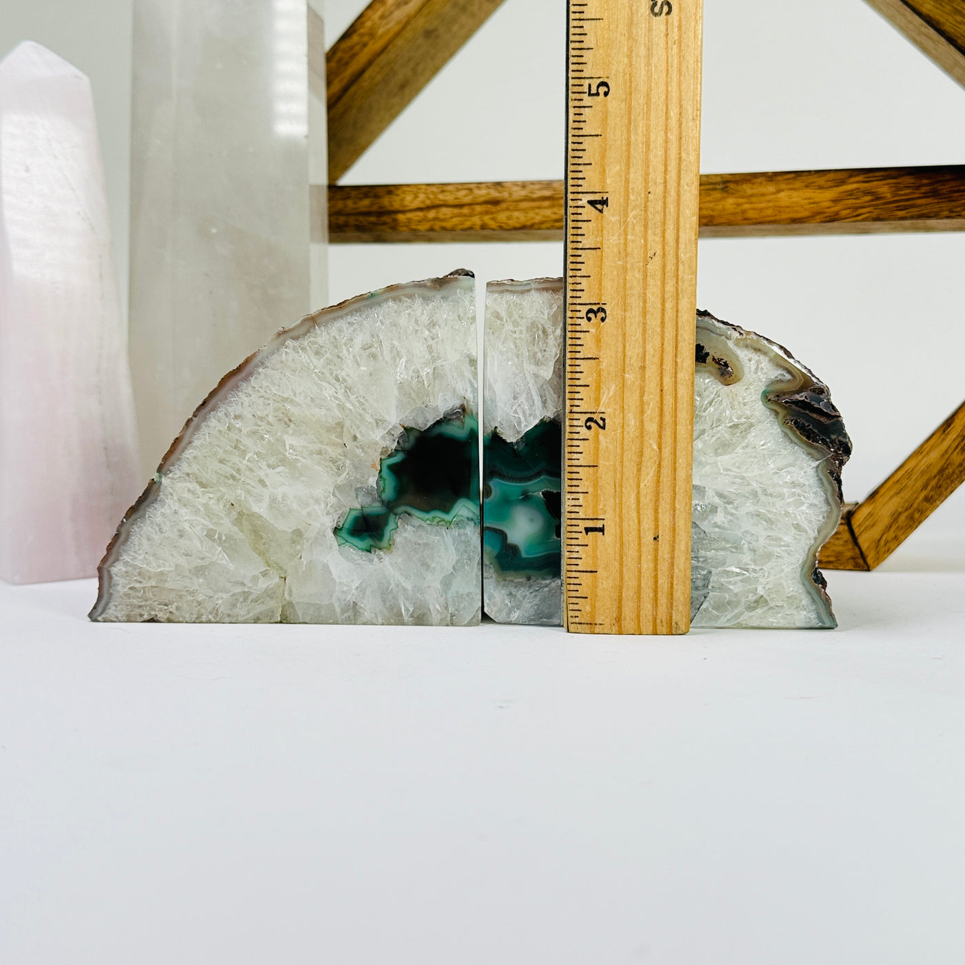 agate bookend next to a ruler for size reference