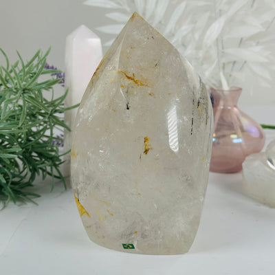 Golden Healer Quartz with Black Tourmaline - Crystal Flame Point Cut Base - One-of-a-Kind #3 back view