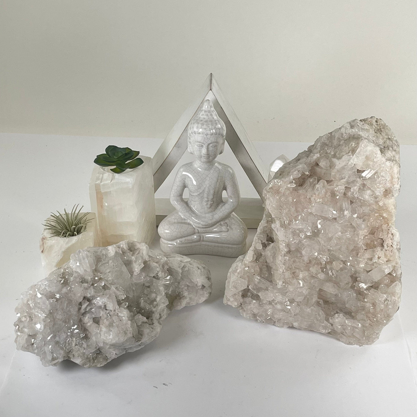 Large Crystal Quartz Cluster - You Choose #1 both variants with props and plantsi n the background