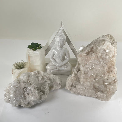 Large Crystal Quartz Cluster - You Choose #1 both variants with props and plantsi n the background