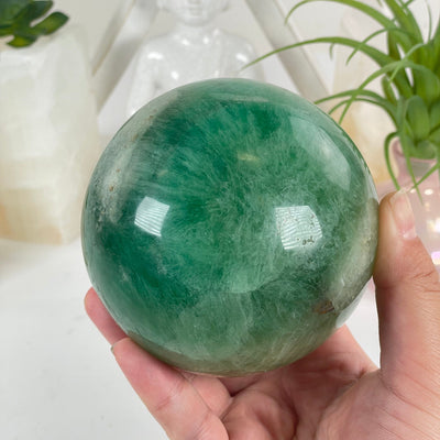 Fluorite Crystal Sphere in a hand for reference