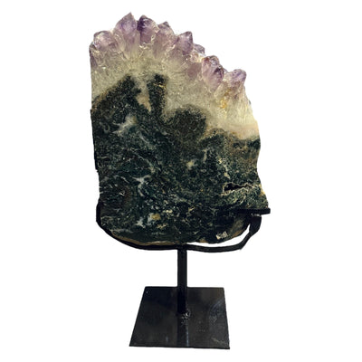 amethyst with jasper on metal stand on white background