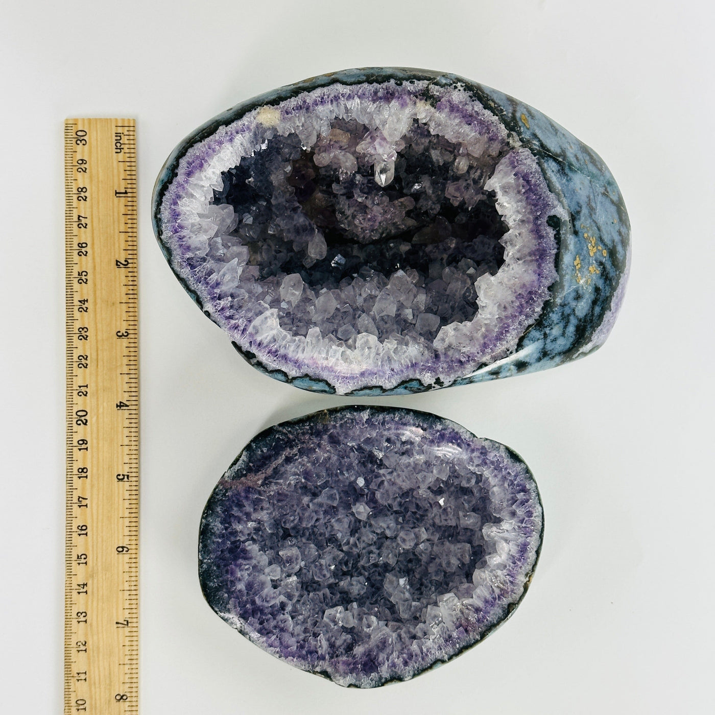amethyst geode polished box next to a ruler for size reference