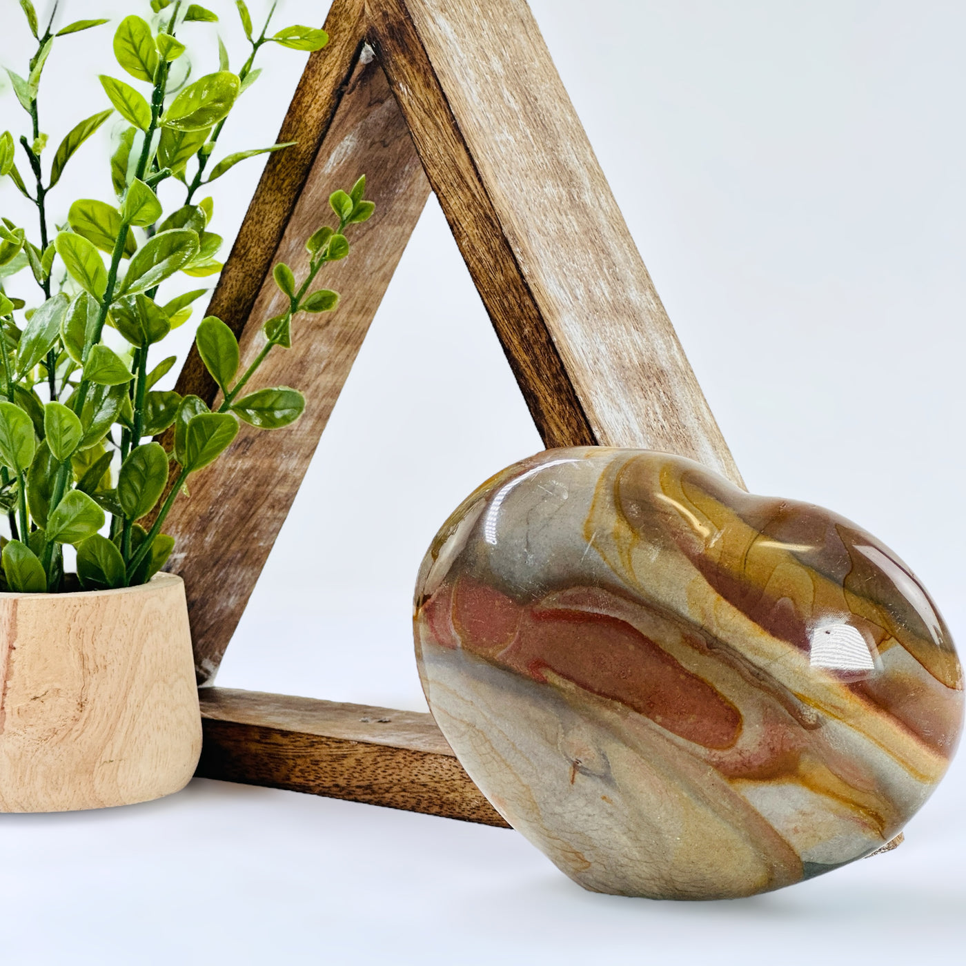 Polychrome Jasper Crystal Heart in front of a wood shelf and a potted plant with a white background.