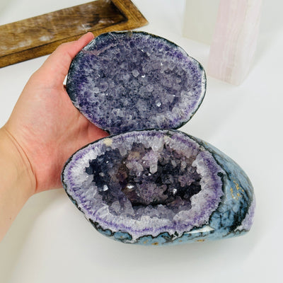 amethyst geode polished box with decorations in the background