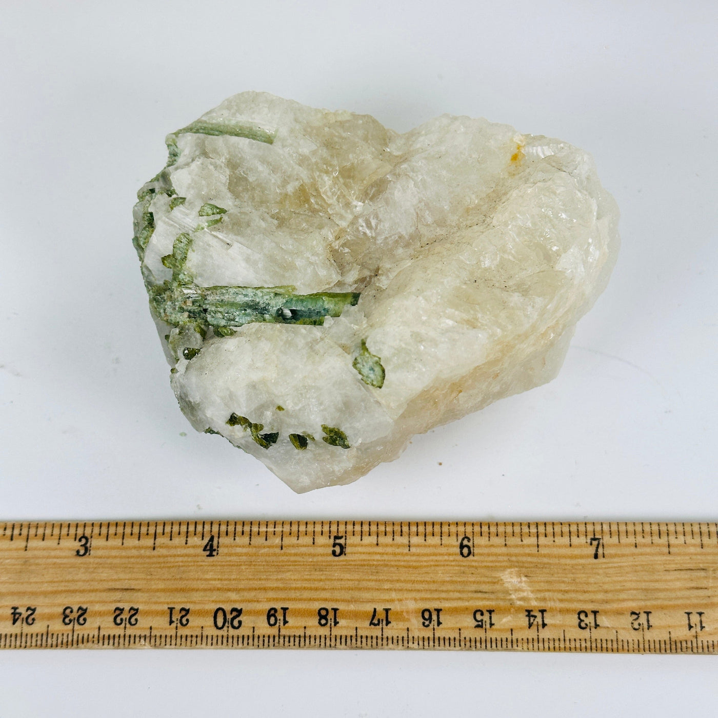 Green Tourmaline Rough Crystal on Quartz Matrix - One-of-a-Kind with ruler for size reference