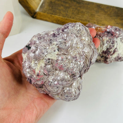 lepidolite cluster with decorations in the background