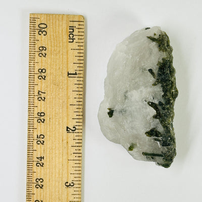 epidote next to a ruler for size reference