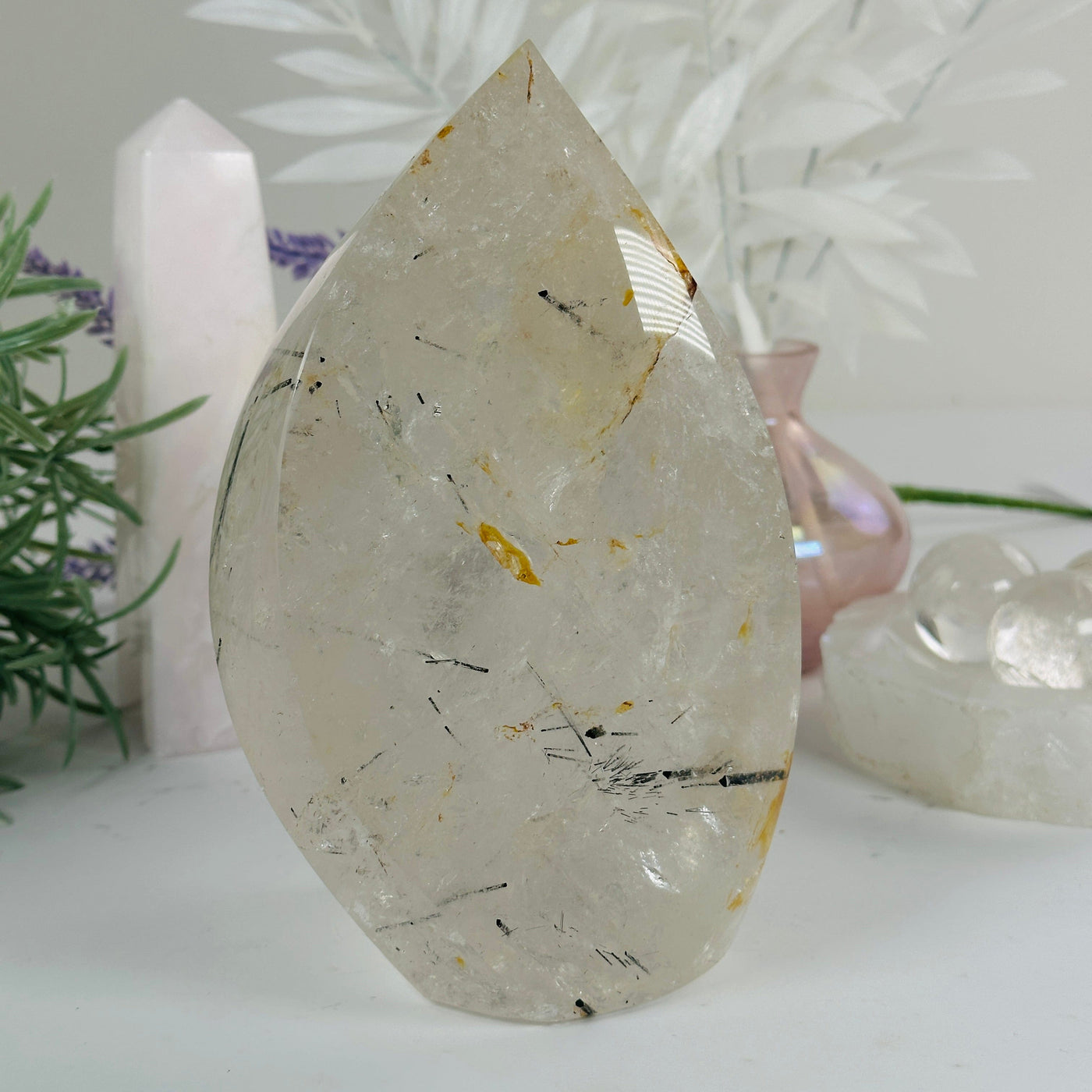 Golden Healer Quartz with Black Tourmaline - Crystal Flame Point Cut Base - One-of-a-Kind #3 side view